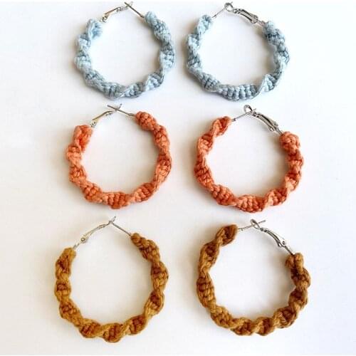 Morandi Color Geometric Handmade Woven Macrame Hoop Earrings BOHO Wedding Vacation Party Jewelry for Women Gifts