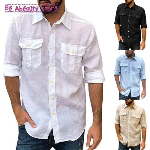 Mens Casual Cotton Hemp Shirt Loose Tops Long Sleeve Double Pocket Tee Shirt Spring Autumn Fashion Handsome Shirts