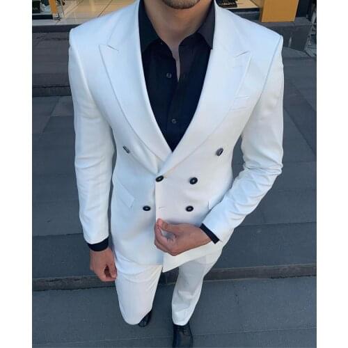 Gentleman Double Breasted Peak Lapel Blazer 2 Pieces Mens Suit with Pants Formal White Beige Jacket For Wedding Groom Tuxedos