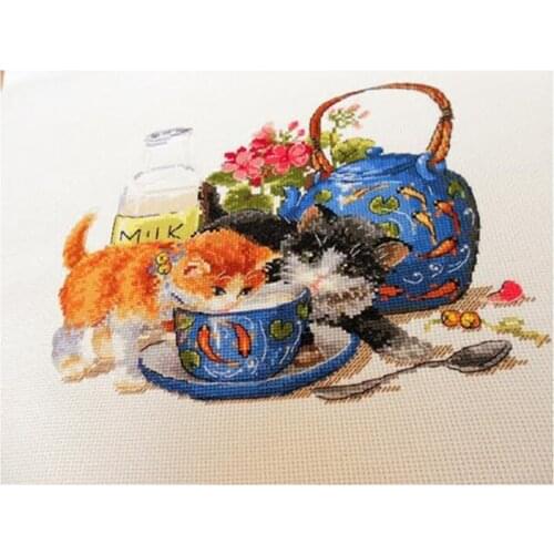 Cross Stitch kit 11CT Printed Cloth Cute Cartoon little Cat and Milk Chinese Embroidery Material Bag