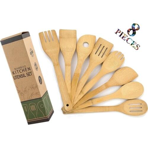 8 Pcs Organic Bamboo Cooking Utensils Set Wooden Spoons & Spatula For Cooking Nonstick Kitchen Utensil Set Kitchen Accessories