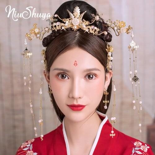 NiuShuya Vintage Chinese Bride Hanfu Costume Hair Accessories Chinese Classical Elegance Gold Headwear Jewelry