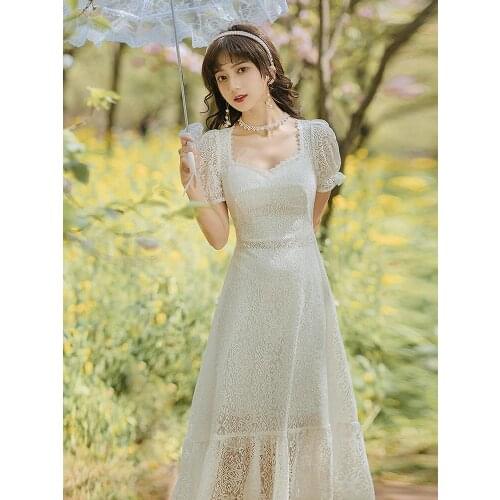 2021 Summer New Womens Dress With Square Neck Leaking Back Puff Sleeve White Lace Mid-Length Dress Daily Party Wedding Dress