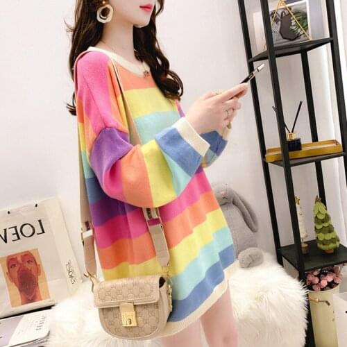 PEONFLY Fashion 2020 Autumn Winter Rainbow Striped Pullover Sweater Women Loose Long Sleeve Knit Jumper Female Knitwear Clothes