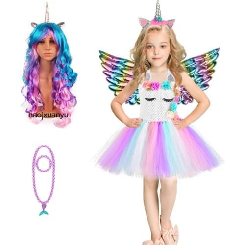 Cosplay Pony Unicorn Tutu Princess Dress for Girls Headwear Unicorn Wings Christmas Cosplay Costume for Birthday Party Dresses