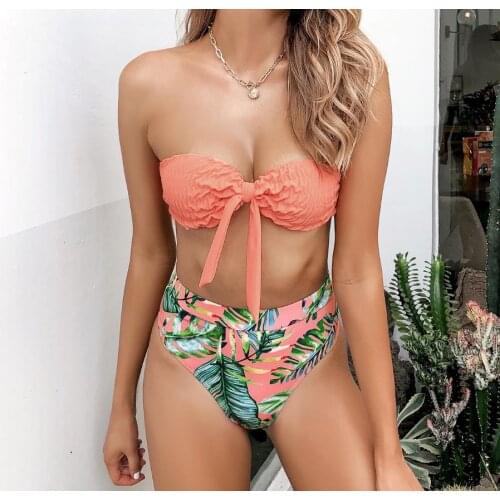 Sexy Strapless Bikini Set Women Swimsuit Bow Banddage High Waist Swimwear Two Pieces Bikini Set Floral Summer Bathing Suit