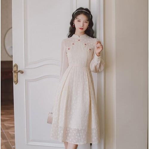 Chiffon Jacquard Ropa mujer Gentle Romantic Autumn Dress Long Sleeve Stand Collar Elegant Cheongsam Femme Improved Sweet Dresses