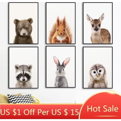 Cute Wall Art Canvas Painting Bear Rabbit Owl Raccoon Squirrel Nordic Posters And Prints Nursery Pictures Kids Room Decor