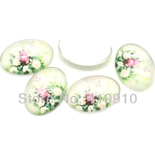 Free Shipping-30pcs Flower Leaf Pattern Oval Glass Dome Cabochon Flat Back 18x13mm for Tray Pendant Cover M0092