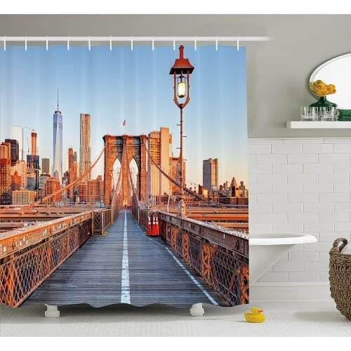 City Shower Curtain New York Skyline Closeup Brooklyn Bridge in Manhattan Over Hudson River Waterproof Polyester Bath Curtains