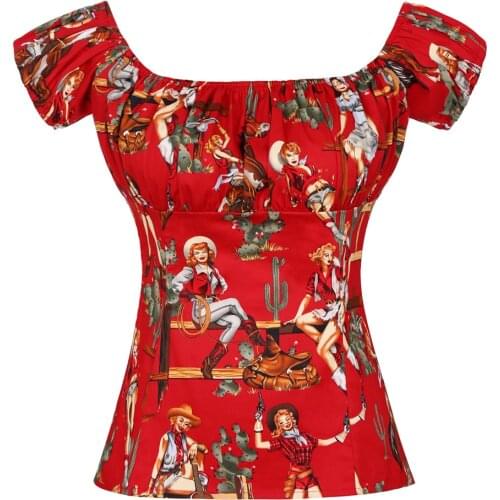 2020 Retro Vintage Women Blouse Western Gril Print Short Tops Puff Sleeve Retro Shirts Slim Fit Summer Blouses Womens Clothing