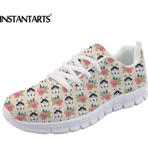 INSTANTARTS Cute Husky Dog Flower Pattern Air Mesh Sneakers Women Flat Shoes Breathable Comfortable Female Walking Casual Flats