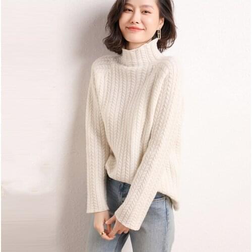 Ladies Pullover Winter New 100% Wool Sweater Casual Solid Color Knitted Half Turtleneck Cashmere Sweater Plus Size Women tops