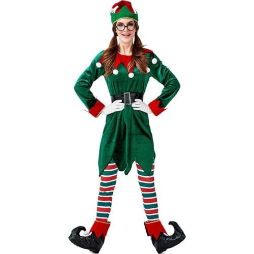 Women Elf Christmas Tree Costume Green Female Clown Miss Santa Claus XMAS New Year Fancy Dress