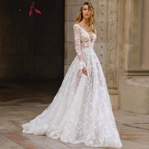 Deep V Neck Sexy Boho Wedding Dress 2020 Appliques Embroidery Illusion Sleeve Backless Wedding Gown Beach Robe de mariee Summer