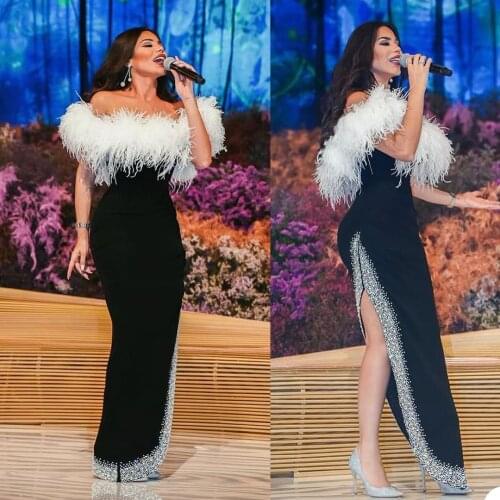 Luxury Ostrich Feather Black Mermaid Evening Dresses Off Shoulder Crystal Beading Red Carpet Party Dress Prom Club Gowns
