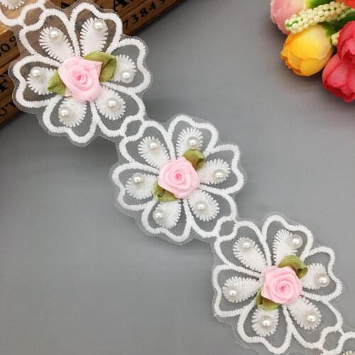 1 yard Pearl Pink Rose 3D Flower Embroidered Lace Trim Ribbon Fabric Sewing Supplies Craft DIY For Costume Dress Hat Decoration