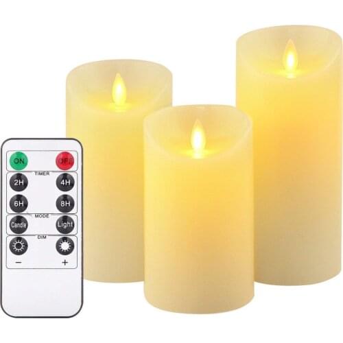 Flameless Candles 4" 5" 6" Set of 3 Ivory Real Wax Pillars & Moving Flame Wick LED Candles and 10-Key Remote Control with Timer