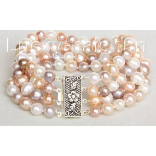 Free Shipping 8" 4 Strand 8mm Multicolor FW pearls bracelet 925 silver clasp j10684
