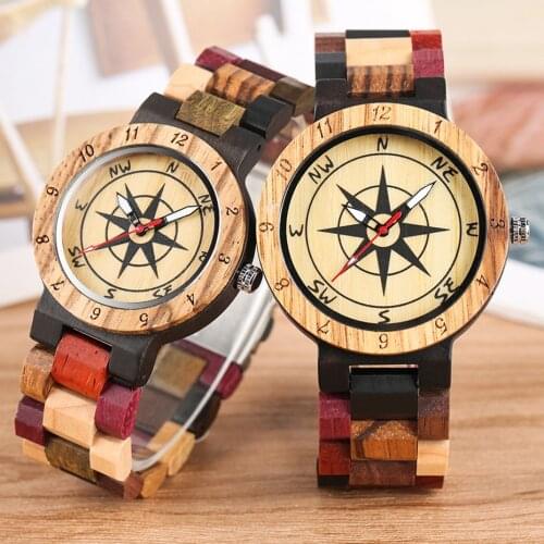 Royal Compass Dial Wood Watch for Couple Men Bamboo Watch Full Wooden Mixed Color Wrist Quartz Watch Women Luxury Souvenir Gifts