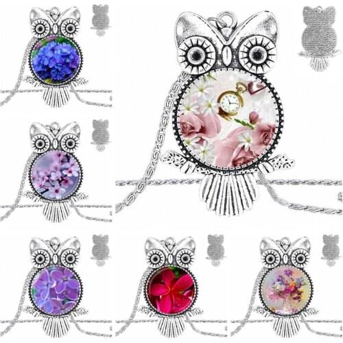 EJ Glaze Flowers Glass Cabochon Necklace With Women Statement Pendant Owl Necklaces Jewelry For Lovers Girl Friend Best Gift