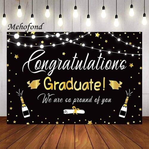 Mehofond Graduation Class Photography Background Black and Glold Backdrop Champagne Decorations Backdrop Banner Photo Studio