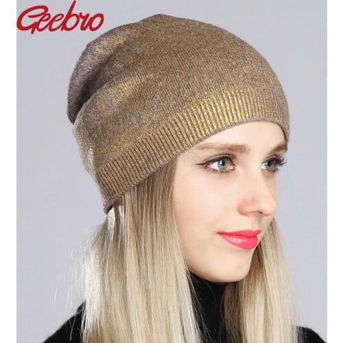 Geebro Womens Bronzing Beanies Hat 2020 Spring Cashmere Knitted Beanie for Women Ladies Hot Silver Slouchy Beanie Cap DQ181B
