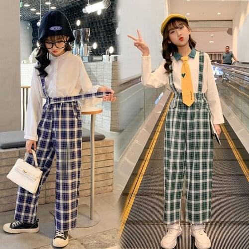 Teenager Girl Overalls Sets Fashion Kids Clothes White Shirt Plaid Pants Two-piece Suit Children School Clothes 6 8 10 12 Years