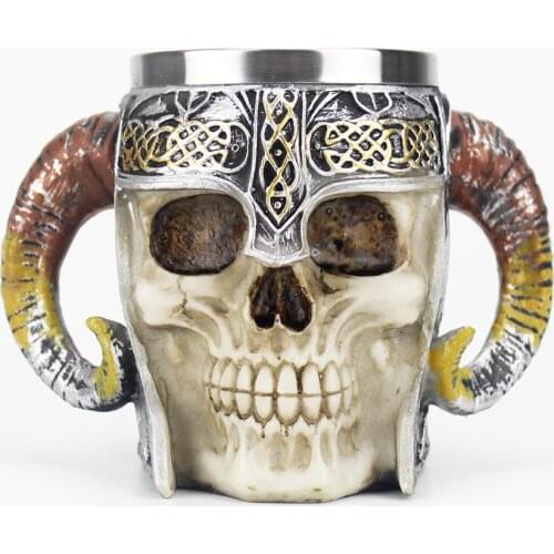 Stainless Steel Skull Mug with Ram Horned Tree Leaf Man Dragon Skeleton Gothic Coffee Beer Tankard Mugs Birthday Halloween Gift