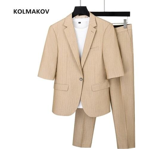 Jacket+Pants)2021 new style summer Mens Suits Slim Fit half sleeve Suits Business Casual Wedding Groom Suits Men size S-XXXL
