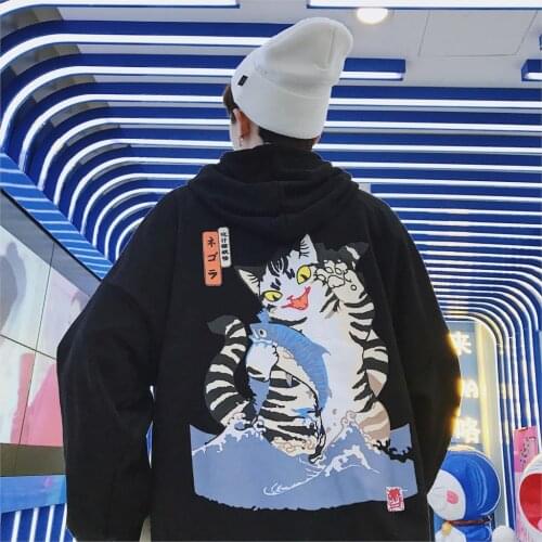 Men 2021 Women Autumn Oversized Hooded Japanese Funny Cat Hoodies Sweatshirts Hip Hop Streetwear Black Hoodie