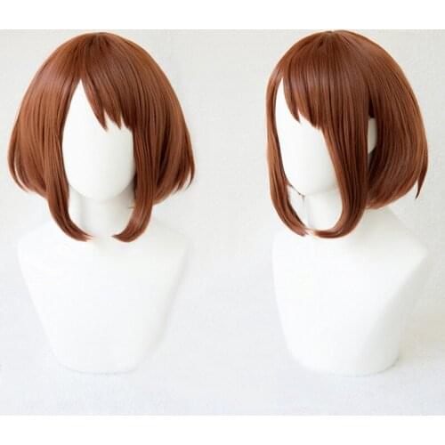 My Hero Academia Boku no Hiro Akademia Uraraka Ochako Short Brown Bobo Heat Resistant Cosplay Costume Wig + Free Wig Cap