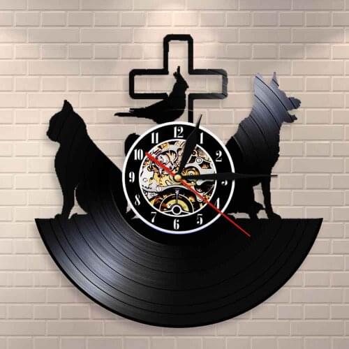 Veterinary Clinic Vet Vinyl Record Wall Clock Dog and Cat Vinyl Wall Clock Animal Pampering Cat Dog Health Services Wall Decor