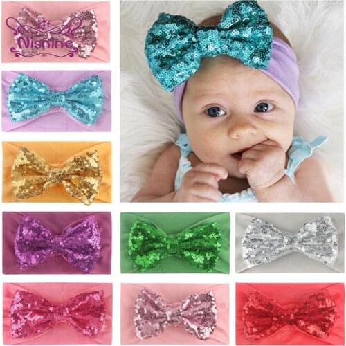 14*9 CM Solid Color Elastic Wide Side Hairband Baby Girls Glitter Sequins Bowknot Headband Children Headwear Photography Props