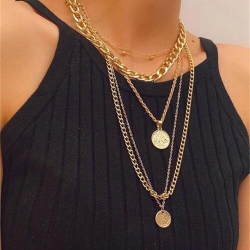 Vintage Fashion Gold Multi-layered Hip Hop Punk Thick Chain Coin Pendant Necklace For Women Boho Geometry Choker Jewelry Gift