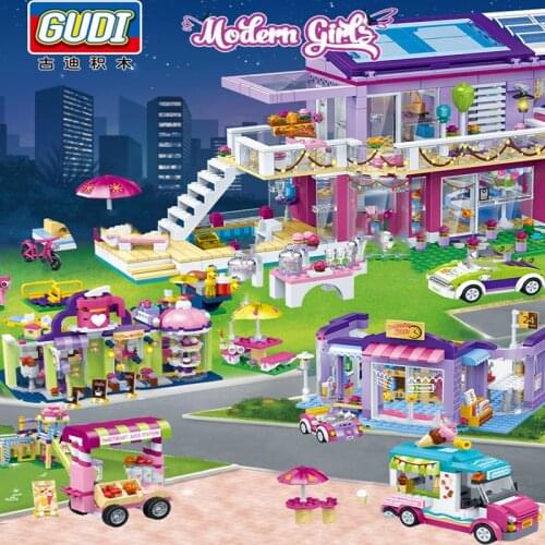 Amusement Park Friends for Girls Club Model Building Blocks City Store Princess Party gudi Bricks ice cream vehicle cafe shop