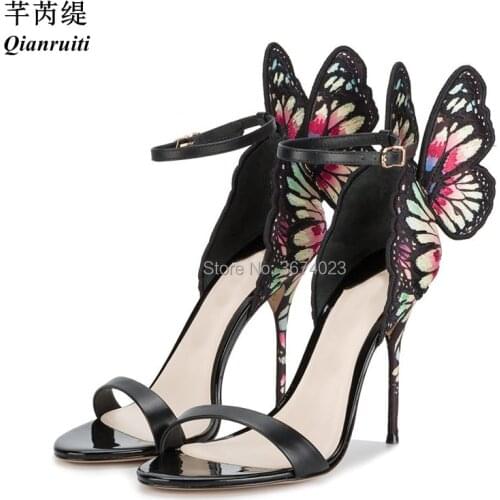 Qianruiti Bride Butterfly Sandals Embroidered Angel Wings High Heels Buckle Strap Shoes Party Wedding Sandals Women Heels