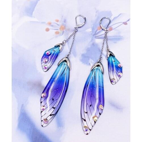 Handmade Fairy Simulation Wing Earrings Insect Butterfly Wing Drop Earrings Foil Rhinestone Earrings Romantic Bridal Jewelry NEW