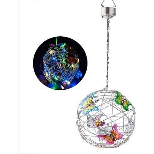Solar Lighted Hanging Mesh Orb with Colorful Butterfly Roaming Light Solar Garden Hanging Ball Outdoor Yard Ornament UD88