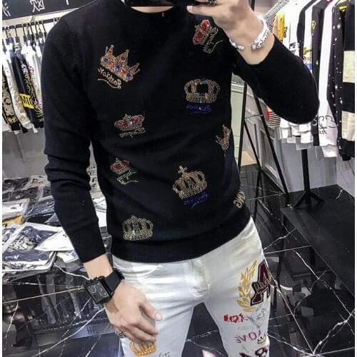 European style hot diamond crown sweater mens fashion brand personality autumn winter mens long sleeve bottoming sweater
