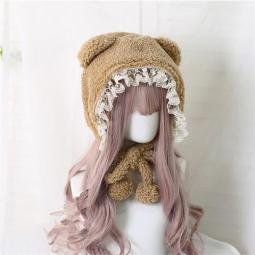 Warm Lace Trim Lolita Little Bear Ear Plush Warm Hat Women Thicken Bowknot Earmuffs Winter Bandage Cap B1667