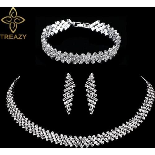 TREAZY Luxury Crystal Bridal Jewelry Sets Silver Color Rhinestone Choker Necklace Earrings Bracelet Women Wedding Jewelry Set