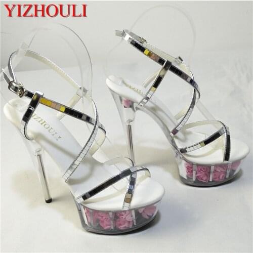 Sexy rose crystal bride wedding shoes 15cm high-heeled shoes female sandals sexy 6 inch flower crystal shoes