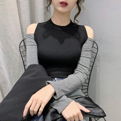Spring Fall European Clothes T-Shirt Women Sexy Contrast Color Off Shoulder Tops All Match Cotton Girl Tees 2021 trend new
