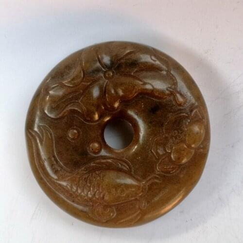 YIZHU CULTUER ART Collection China Old Jade Hand Carving Lotus leaf Fish Pendant Decoration Gift