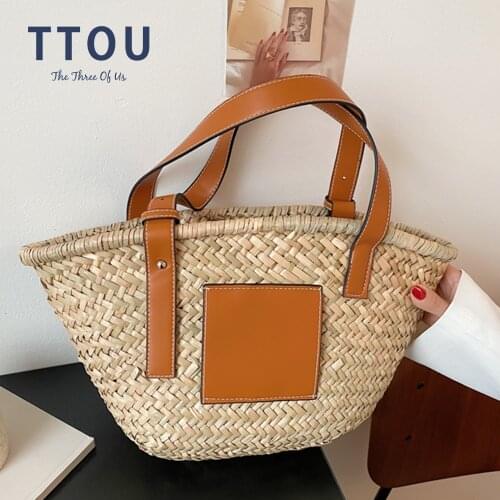 Casual Rattan Bag Tote Women Handbags Bohemia Rattan Pu Splicing Straw Bag Woven Basket Beach Bags Large Capacity Wicker Handbag
