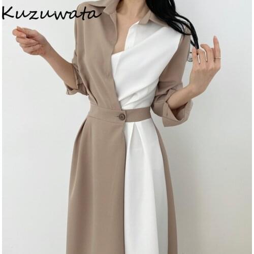 Kuzuwata New Turn Down Collar Full Sleeve Vestidos Contrast Color Patchwork Slim Waist One Button Women Robe French Dresses