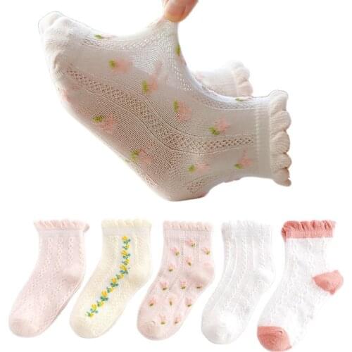 5 Pairs/lot Summer Girls Socks Lovely Floral Crystal Silk Kids Socking Children Baby Boys Girl Mesh Breathable Elastic Lace Sock