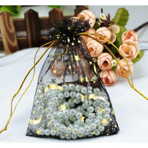 7x9cm Small Organza Drawstring Bags 100pcs/lot Elegant Black Print Gold Star Moon Packaging Pouches Bags for Candy Beads Jewelry