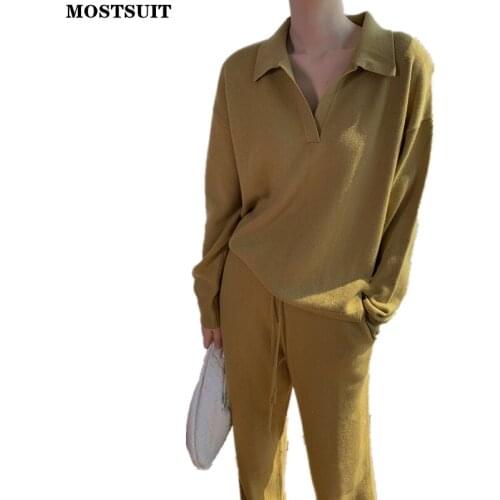 Basic Solid All Match Knitted Pants Set Women Full Sleeve Sweater + Wide Leg Pants Set Casual Loose Vintage Elegant 2 Piece Set